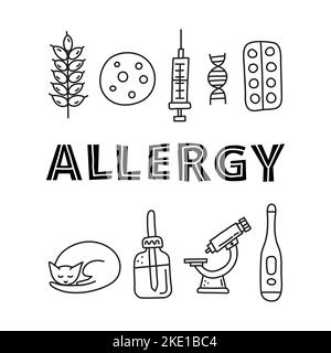 Affiche avec lettrage et le contour de l'oolle icônes d'allergie, y compris le blé, l'éruption cutanée, la seringue, dnk, comprimé blister, cat, flacon de pipette, microscope, autre Illustration de Vecteur