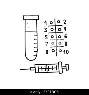 Des groupes de doodle présentent les icônes médicales, y compris le tube à essai, les tests d'allergie, la seringue isolée sur fond blanc. Illustration de Vecteur