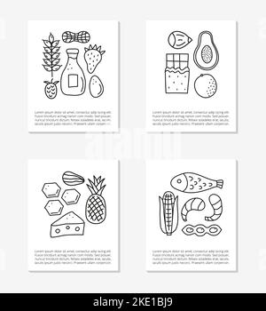 Cartes avec doodle décrivant les icônes d'allergènes alimentaires, y compris le poisson, les fruits de mer, le fromage, le lait, le blé, œufs, agrumes, miel, chocolat, fruits. Espace pour le texte. Illustration de Vecteur