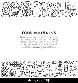 Affiche avec lettrage et doodle décrivant les icônes d'allergènes alimentaires, y compris le poisson, les fruits de mer, le fromage, le lait, le blé, champignons, agrumes, miel, chocolat, fruits Illustration de Vecteur