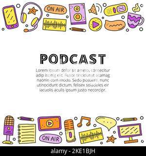 Affiche avec lettres et icônes de podcast colorées, notamment smartphone, tablette, casque, microphone, enregistreur vocal, bouton de lecture, haut-parleur, Illustration de Vecteur