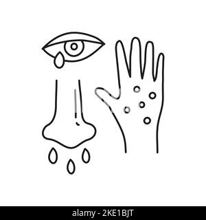 Groupe de doodle contour des icônes d'allergie, y compris le nez, l'écoulement oculaire, l'éruption de la main isolée sur fond blanc. Illustration de Vecteur