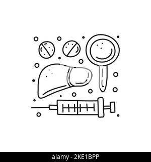 Groupe de doodle contour des icônes médicales comprenant le foie, la loupe, la seringue, les pilules isolées sur fond blanc. Virus de l'hépatite. Illustration de Vecteur