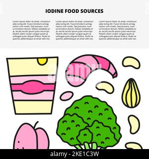 Modèle d'article avec espace pour le texte et les sources de nourriture d'iode coloré comprenant le yogourt, les crevettes, prune, brocoli, amande, grains isolés sur blanc Illustration de Vecteur