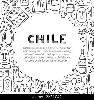 Affiche avec lettering et le contour de la doodle icônes du Chili y compris la statue de l'île de Pâques, le volcan Villarrica, araucaria arbre, empanadas, pingouin, poncho, a Illustration de Vecteur