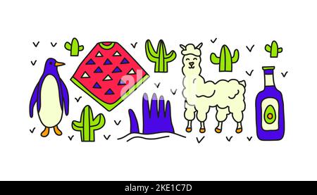 Groupe d'icônes chiliennes de couleur doodle, y compris le pingouin, le poncho, l'alpaga, la main géante dans le désert d'atacama, l'huile d'avocat, les cactus isolés sur le backgroun blanc Illustration de Vecteur