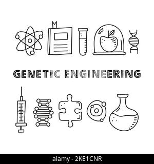 Affiche avec lettrage et boeuiller le contour des icônes de génie génétique y compris l'adn, la seringue, la molécule, pièce de puzzle, livre, flacon, tube à essai, pomme en gl Illustration de Vecteur