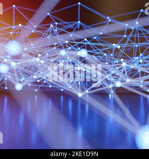 Arrière-plan abstrait géométrique réseau. Point lumineux et connexion de ligne avec réflexion. Structure du plexus de la technologie numérique. 3d rendu Banque D'Images