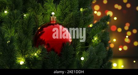 Sapin de Noël avec boule rouge brillant et lumières de Noël sur fond de bokeh, vue rapprochée. 3d rendu Banque D'Images