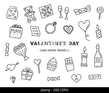 Ensemble de adorable doodle contour icônes de la Saint-Valentin comprenant gâteau, bougies, chocolat, ballon en forme de coeur, bouteille de champagne, anneau, bouquet de fleurs, Illustration de Vecteur