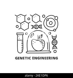 Le groupe de doodle présente les icônes du génie génétique, y compris le tube à essai, l'adn, la formule chimique, la molécule, la pomme en verre et le texte isolé sur le bac blanc Illustration de Vecteur