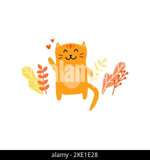 Mignon coolé orange ou gingembre souriant chat accueillant avec des coeurs, feuilles d'automne autour isolé sur fond blanc. Illustration de Vecteur