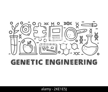 Groupe de doodle esquisse génétique icônes de génie y compris la plante dans tube à essai, pomme, pièce de puzzle, livre, loupe, comprimé avec formule, stylo, flacon, adn Illustration de Vecteur