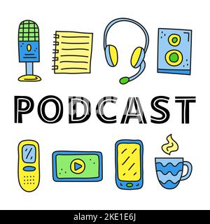 Affiche avec des lettres et des icônes de podcast colorées, notamment smartphone, casque, microphone, enregistreur vocal, tablette avec bouton de lecture, haut-parleur Illustration de Vecteur