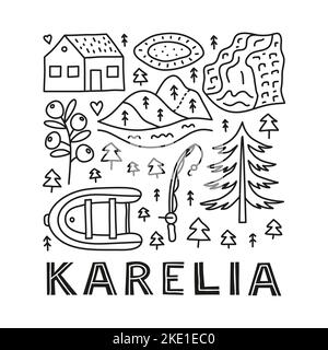 Affiche avec lettrage et boeuille contour des icônes de Carélia incluant cascade, rochers, pin, tarte, bateau, canneberge, maison, canne à pêche isolée sur la ba blanche Illustration de Vecteur