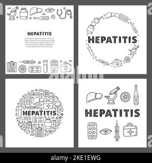 Jeu de cartes avec lettrage et boodle décrivant les icônes médicales de l'hépatite, y compris le foie, le microscope, la seringue, le tube à essai, l'oeil, kit de premiers soins, stethoscop Illustration de Vecteur