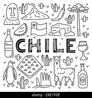 Affiche avec lettering et le contour de la doodle icônes du Chili y compris la statue de l'île de Pâques, le volcan Villarrica, araucaria arbre, empanadas, pingouin, poncho, a Illustration de Vecteur