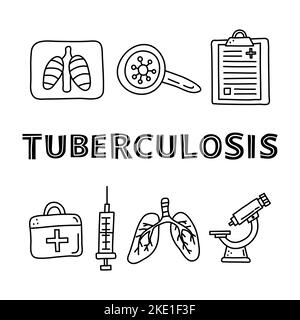 Affiche avec lettrage et contour de la boodle articles de la tuberculose, y compris les poumons rayons X, loupe, presse-papiers vierge, trousse de premiers soins, microscope isolé sur le coup Illustration de Vecteur