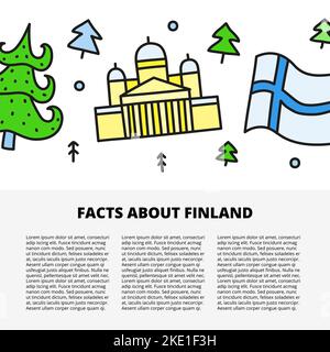 Modèle d'article avec espace pour le texte et des icônes de Finlande colorées, y compris des sapins, la cathédrale d'Helsinki et le drapeau isolé sur fond blanc. Illustration de Vecteur