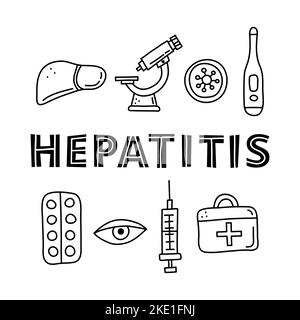 Affiche avec lettrage et boodle de contour des icônes médicales de l'hépatite, y compris le foie, le microscope, le virus, le thermomètre, les comprimés blister, œil, seringue, en premier Illustration de Vecteur