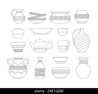 Contours des vases. Abstrait vintage icônes de poterie linéaire, minimal ancien décoratif céramique ustensile pot récipient urne, objets simples d'artisanat d'argile. Vecteur Illustration de Vecteur