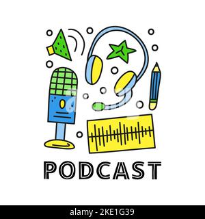 Un groupe d'icônes de podcast colorées, dont un microphone, un casque, un crayon, un son, une voix et des lettres isolés sur fond blanc. Illustration de Vecteur