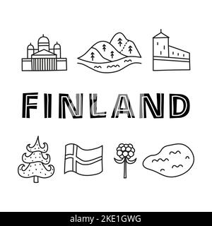 Affiche avec lettrage et contour de l'ombre des icônes de la finlande, y compris la cathédrale d'Helsinki, le lac, la baie de nuages, le château de l'OLAF, les collines, sapin, pavillon isolé o Illustration de Vecteur