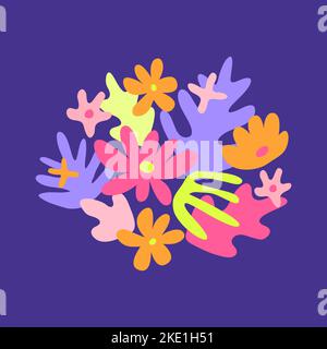 Composition de feuilles et de fleurs tropicales colorées et doodle isolées sur fond violet. Affiche moderne mignonne. Illustration de Vecteur