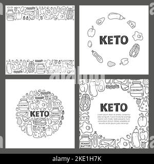 Jeu de cartes avec lettrage et aliments pour le contour des nouilles pour régimes cétogènes, y compris fromage, viande, saumon, avocat, œufs, beurre, bacon, macadamia, raspb Illustration de Vecteur