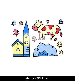 Groupe de doodle coloré icônes de l'Autriche comprenant l'église, la vache, la grotte, les sapins isolés sur fond blanc. Illustration de Vecteur