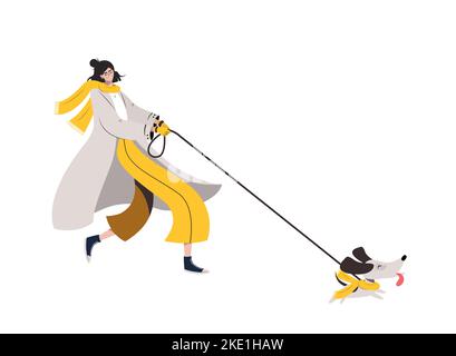 Jeune femme à la mode qui court avec un chien. Le propriétaire d'un animal de compagnie se promenant avec un chiot mignon sur la laisse. Chien joyeux tire la fille par la laisse. Vecteur isolé Illustration de Vecteur