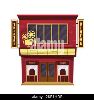 Cinéma isolé sur fond blanc. Bâtiment avec enseigne de cinéma et décoration d'appareil photo. Illustration de Vecteur