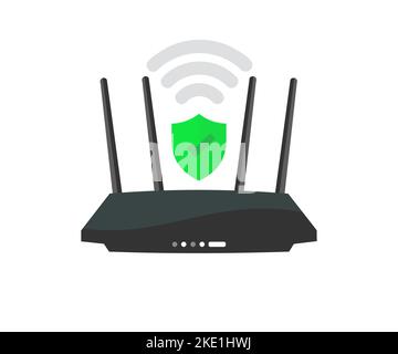 Concept de routeur sans fil, sécurité, communication d'entreprise concept de réseau social conception de logo. Routeur Wi-fi sans fil noir avec antenne noire. Illustration de Vecteur