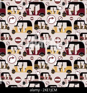 Schéma sans couture d'un jeu de gickshaw indien coloré créatif avec panneau sur fond de timberwolf. design textile, imprimé en tissu, papier peint. décoration murale Illustration de Vecteur