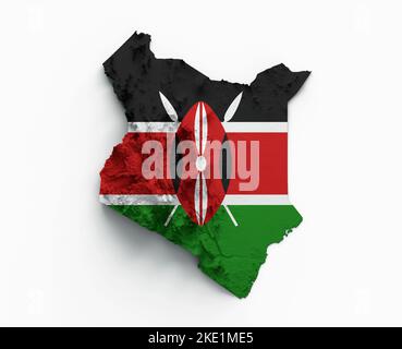 Un rendu en 3D de la carte colorée du Kenya avec relief ombré isolé sur une surface blanche Banque D'Images