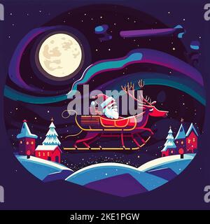 Une illustration vectorielle du Père Noël apportant des cadeaux sur son traîneau Illustration de Vecteur