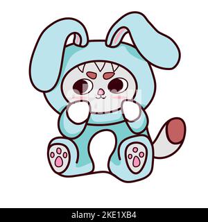 Un adorable personnage de dessin animé kawaii d'un chaton portant un costume de lapin sur fond blanc Illustration de Vecteur