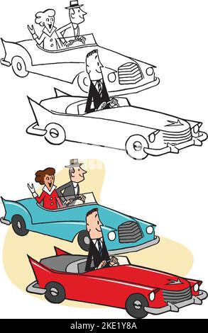 Un dessin animé rétro vintage d'un groupe de personnes conduisant leurs voitures de sport convertibles. Illustration de Vecteur