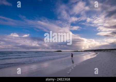 Le soleil commence à se coucher et les couleurs du ciel commencent à changer. Les couleurs de la plage de Tortuga Bay commencent à saturer. Une personne qui marche sur la côte ca Banque D'Images
