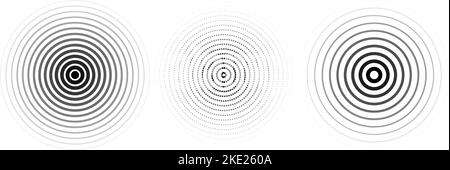 Jeu de cercles d'ondulation concentriques. Collecte des anneaux du sondeur ou des ondes sonores. Épicentre, cible, concept d'icône radar. Éléments de signal radial ou de vibration. Illustration de Vecteur