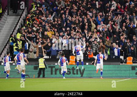 Ben Brereton-Diaz, de Blackburn Rovers, célèbre son deuxième but lors du troisième tour de la Carabao Cup au London Stadium, à Londres. Date de la photo: Mercredi 9 novembre 2022. Banque D'Images