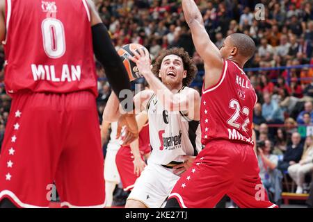 Italie. 09th novembre 2022. EA7 EMPORIO ARMANI MILAN vs. VIRTUS SEGAFREDO BOLOGNA, Turkish Airlines EuroLeague partie de saison régulière 7, 9 novembre 2022. Dans la photo Alessandro Pajola (Virtus Segafredo Bologna) usage éditorial seulement crédit: Agence de photo indépendante/Alamy Live News Banque D'Images