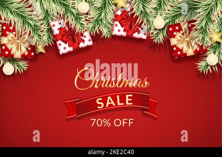joyeux noël et bonne nouvelle année bannière de vente avec une décoration rouge réaliste Illustration de Vecteur