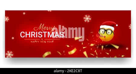 Joyeux Noël et bonne bannière du nouvel an, emoji fête noël avec confetti Illustration de Vecteur