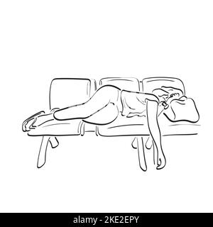 femme dormant à l'aéroport illustration vecteur dessiné à la main isolé sur fond blanc art de ligne Illustration de Vecteur