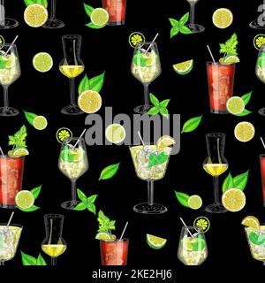 Motif avec cocktails. Répétition des boissons estivales. Illustrations dessinées à la main. Motif sans couture avec cocktails pour un design élégant. Banque D'Images