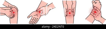 Douleurs articulaires humaines. Mal au genou et au poignet. Douleur dans différentes parties du corps humain. Problèmes de santé dans les douleurs musculaires et les problèmes articulaires. Illustration de Vecteur