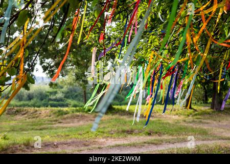 Rubans de voeu colorés attachés sur les branches d'un arbre de près Banque D'Images