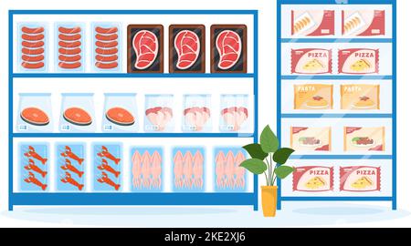 Magasin d'aliments surgelés avec des produits aspirés à l'aide de papier d'aluminium et d'emballage en sachet pour être frais dans l'illustration du modèle de dessin animé à la main Illustration de Vecteur