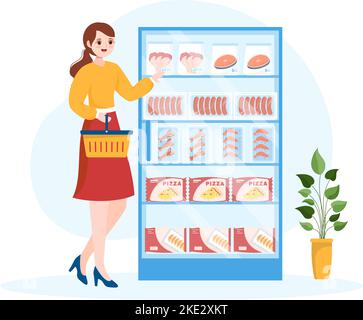 Magasin d'aliments surgelés avec des produits aspirés à l'aide de papier d'aluminium et d'emballage en sachet pour être frais dans l'illustration du modèle de dessin animé à la main Illustration de Vecteur
